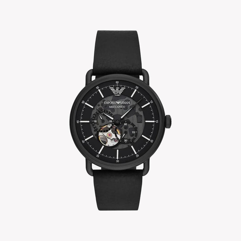 Emporio Armani Menās Automatic Black Leather Watch