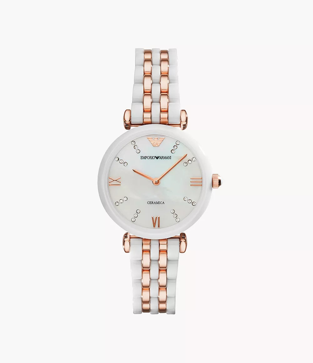 AR1489 Emporio Armani Women's Two-Hand White Ceramic and Rose Gold-Tone Stainless Steel Watch