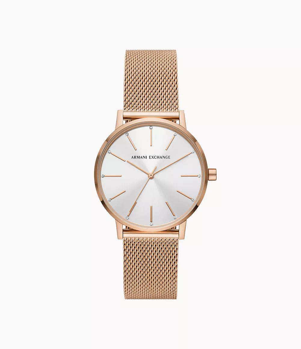 AX5573 Armani Exchange Three-Hand Rose Gold-Tone Stainless Steel Mesh Watch