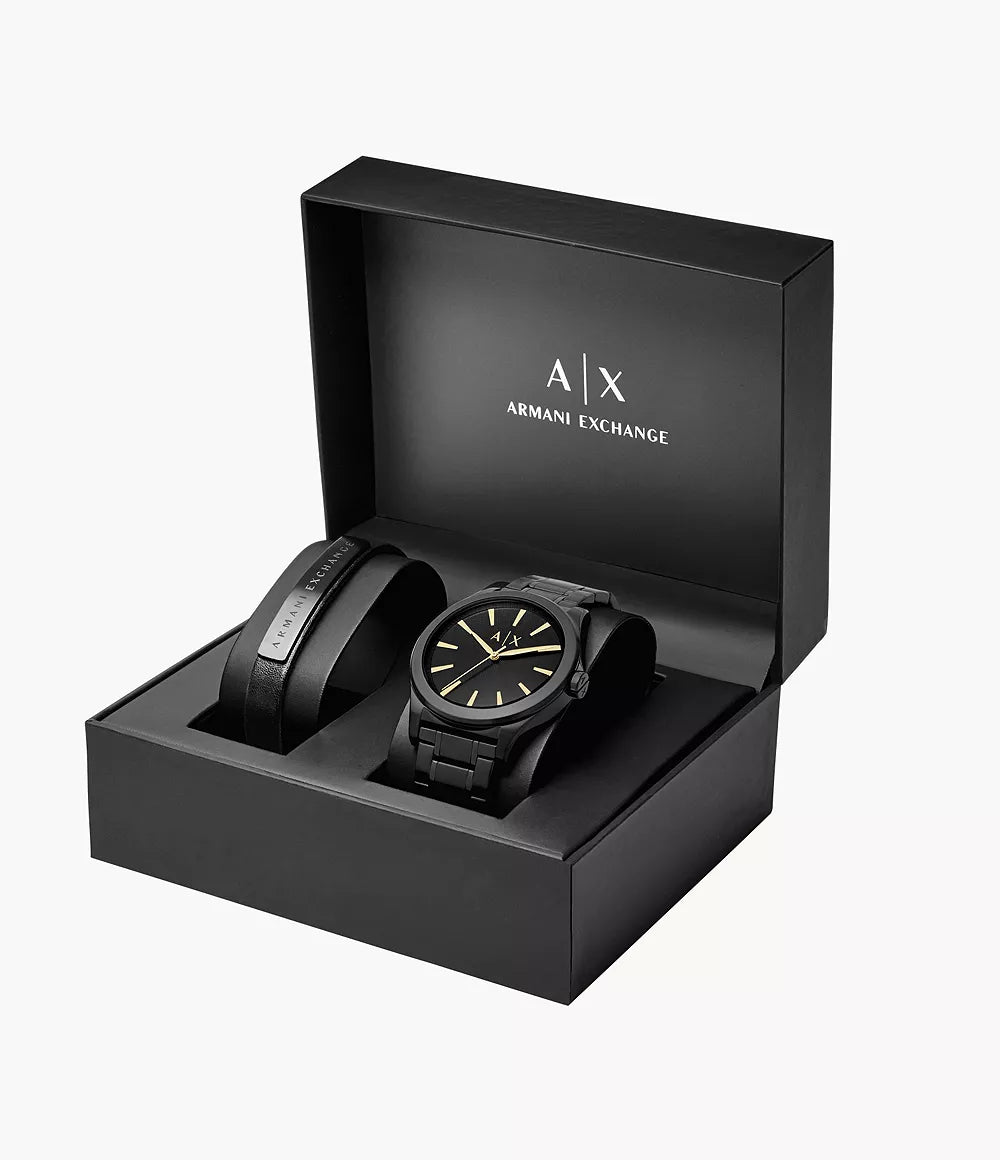 AX7102 Armani Exchange Three-Hand Black Stainless Steel Watch and Bracelet Gift Set