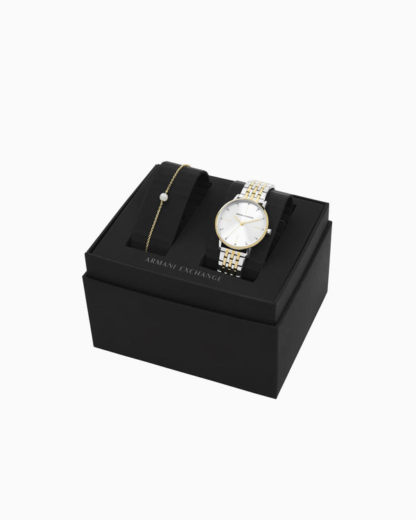 Two-tone three-hand stainless steel watch and bracelet set AX7156SET