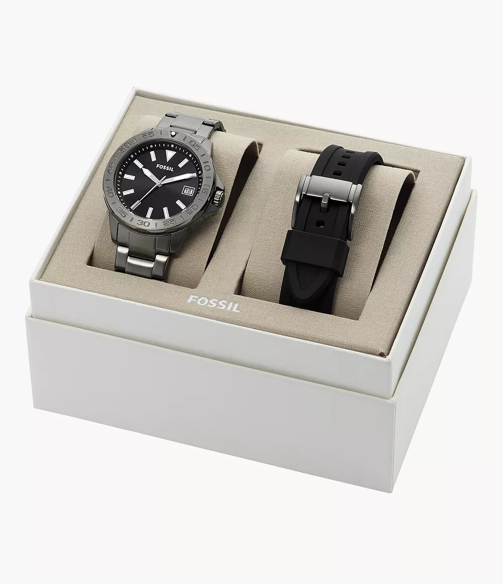 BQ2785SET - Fossil Bannon Three-Hand Date Smoke Stainless Steel Watch and Strap Box Set For Men