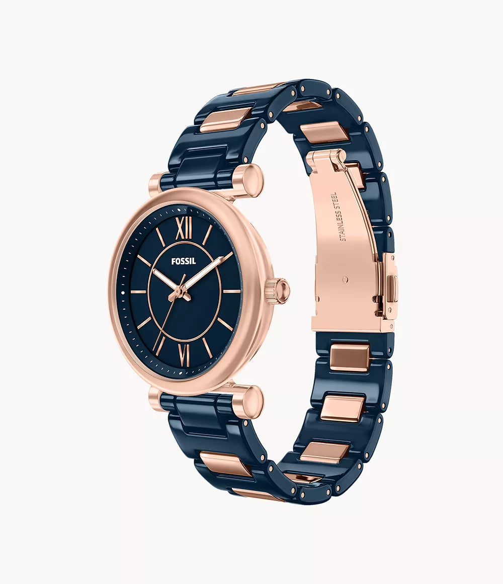 Carlie 38mm Three-Hand Navy Ceramic and Rose Gold-Tone Stainless Steel Watch CE1140