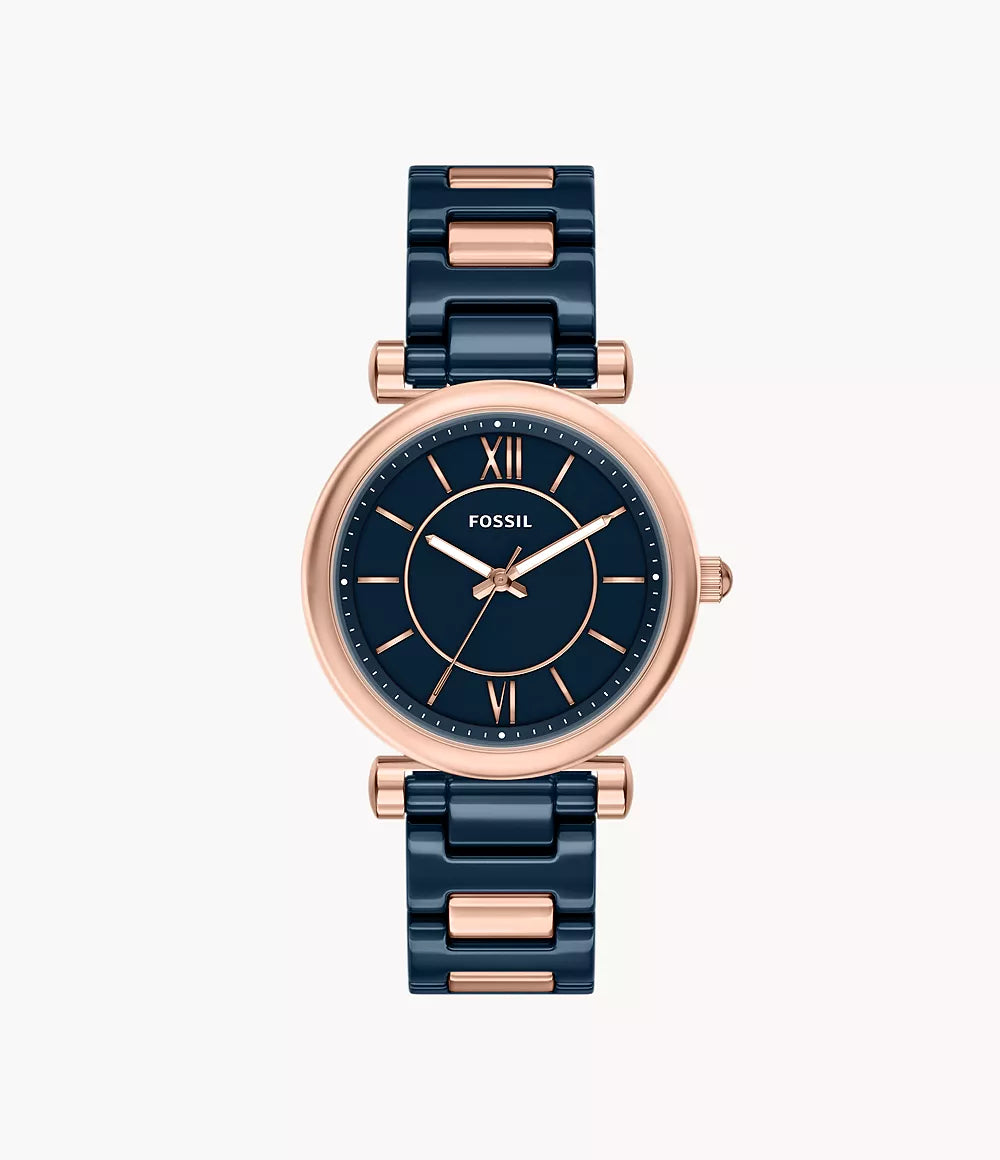 Carlie 38mm Three-Hand Navy Ceramic and Rose Gold-Tone Stainless Steel Watch CE1140