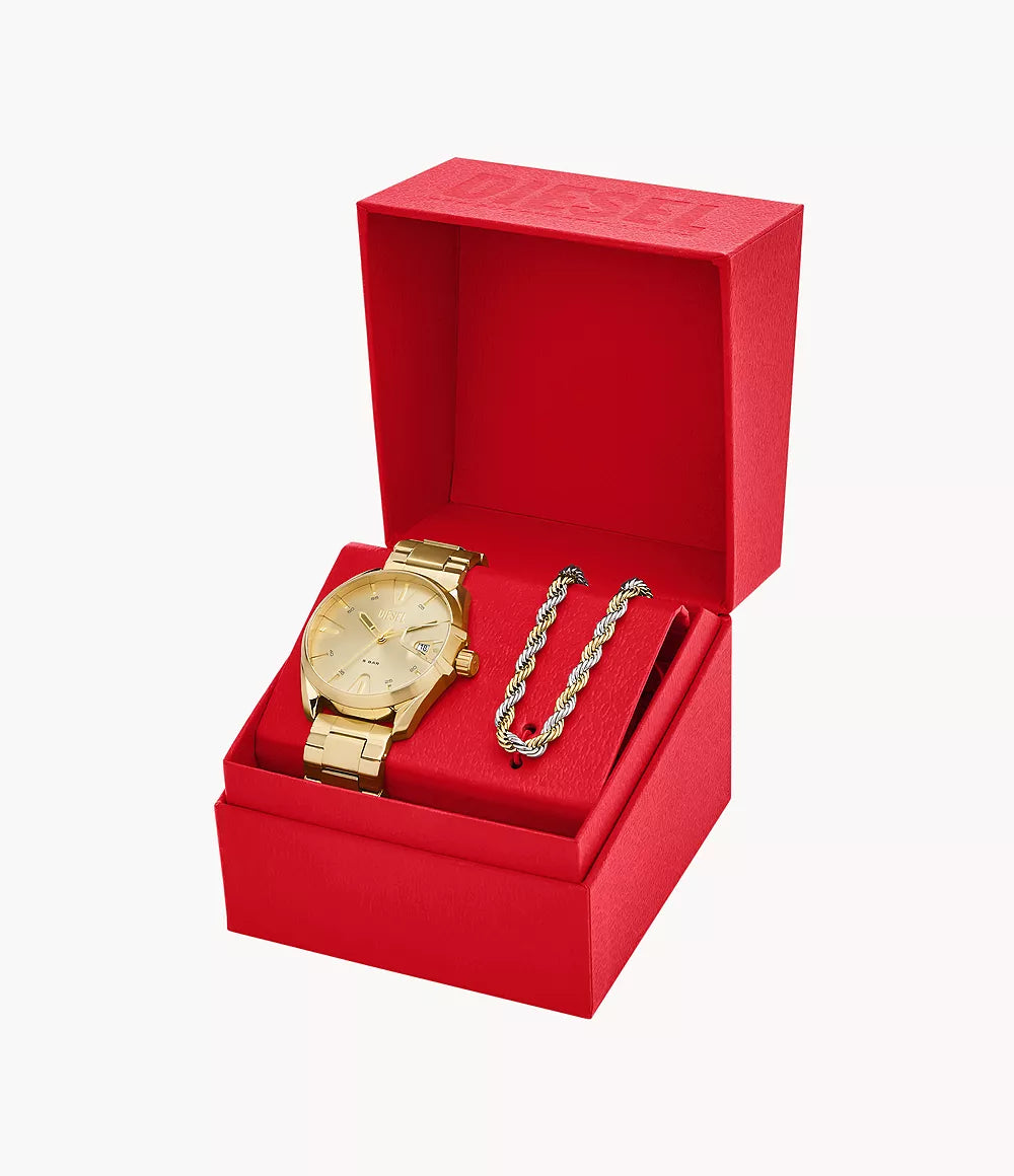 DZ2163SET Diesel MS9 Three-Hand Date Gold-Tone Stainless Steel Watch and Necklace Set