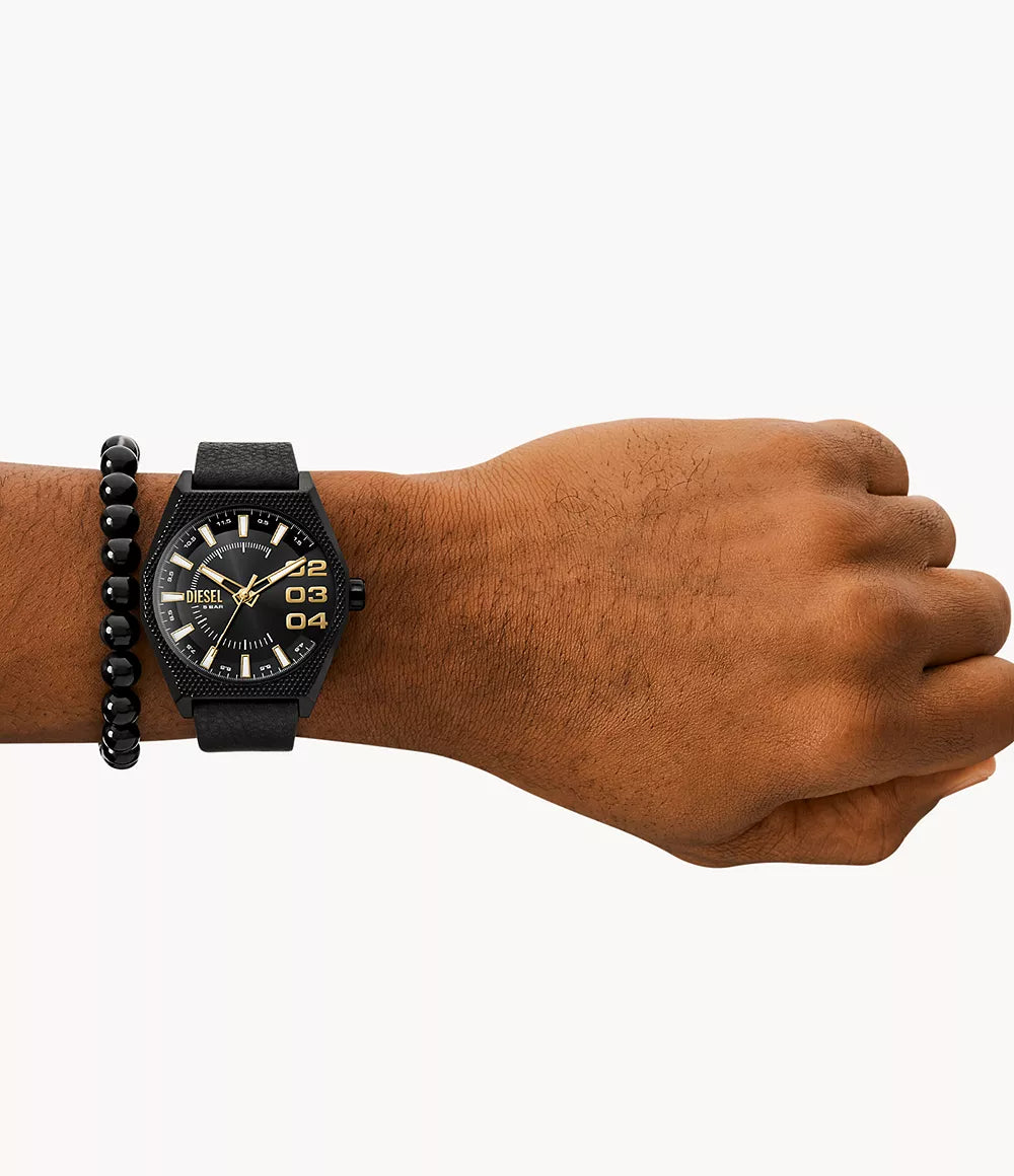 Diesel Scraper Three-Hand Black Leather Watch and Bracelet Set DZ2210SET DZ2210SET