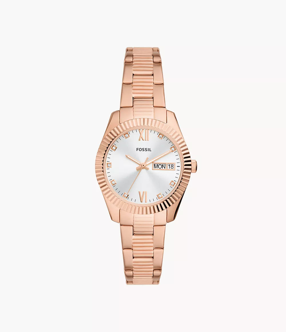 ES5200 - Fossil Scarlette Three-Hand Day-Date Rose Gold-Tone Stainless Steel Watch For Women