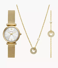 ES5251SET - Fossil Carlie Three-Hand Gold-Tone Stainless Steel Mesh Watch and Jewellery Set For Women