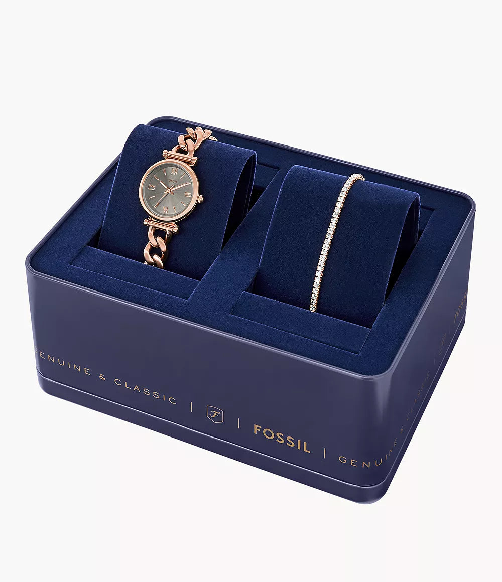 Carlie Three-Hand Rose Gold-Tone Stainless Steel Watch and Bracelet Set ES5378SET