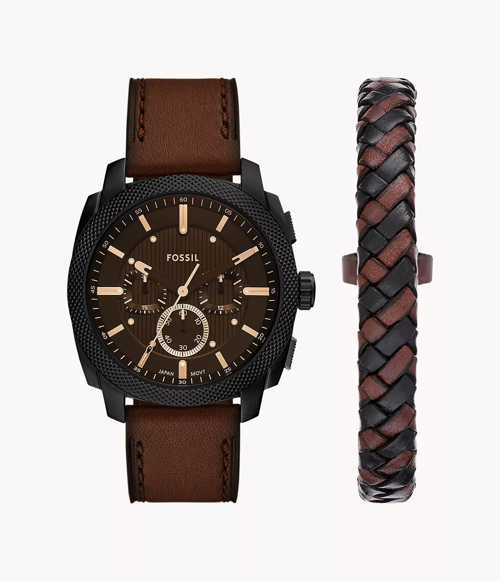 Machine 44mm Chronograph Brown Leather Watch and Bracelet Set FS6102SET