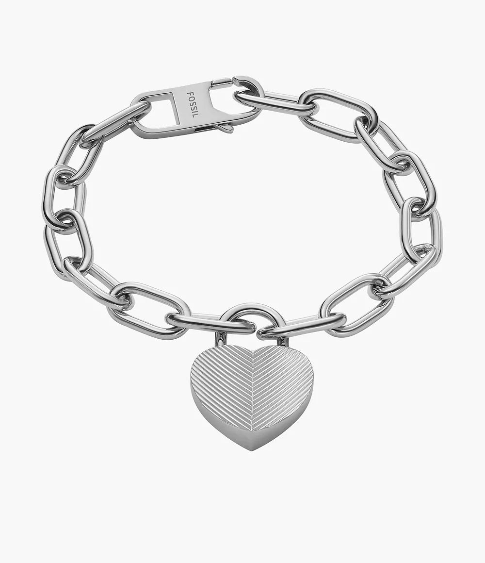 JF04659040 - Fossil Harlow Linear Texture Heart Stainless Steel Station Bracelet For Women