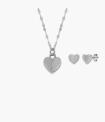 JF04669SET - Fossil Harlow Heart To Heart Stainless Steel Pendant Necklace and Earrings Set For Women