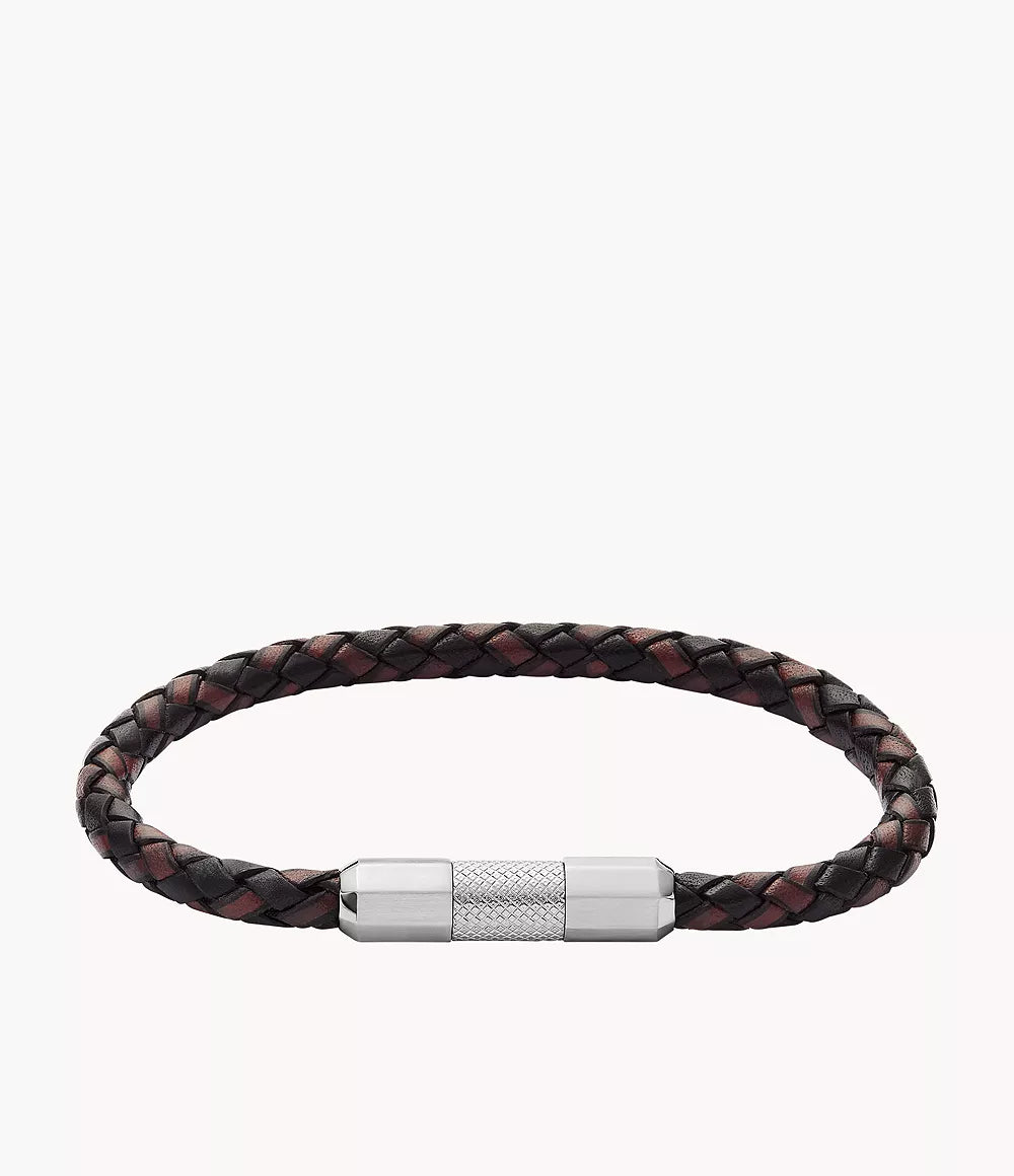 JF04918040 Machine Knurled Texture Leather and Stainless Steel Station Bracelet