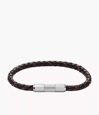 JF04918040 Machine Knurled Texture Leather and Stainless Steel Station Bracelet