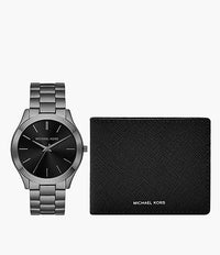 MK1044 Michael Kors Slim Runway Three-Hand Gunmetal Stainless Steel Watch and Wallet Gift Set