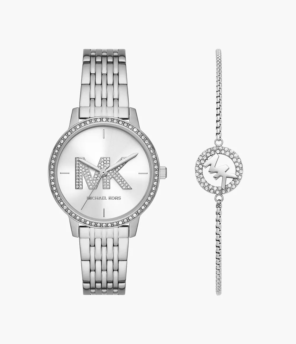 MK1055SET Michael Kors Three-Hand Stainless Steel Watch and Slider Bracelet Set