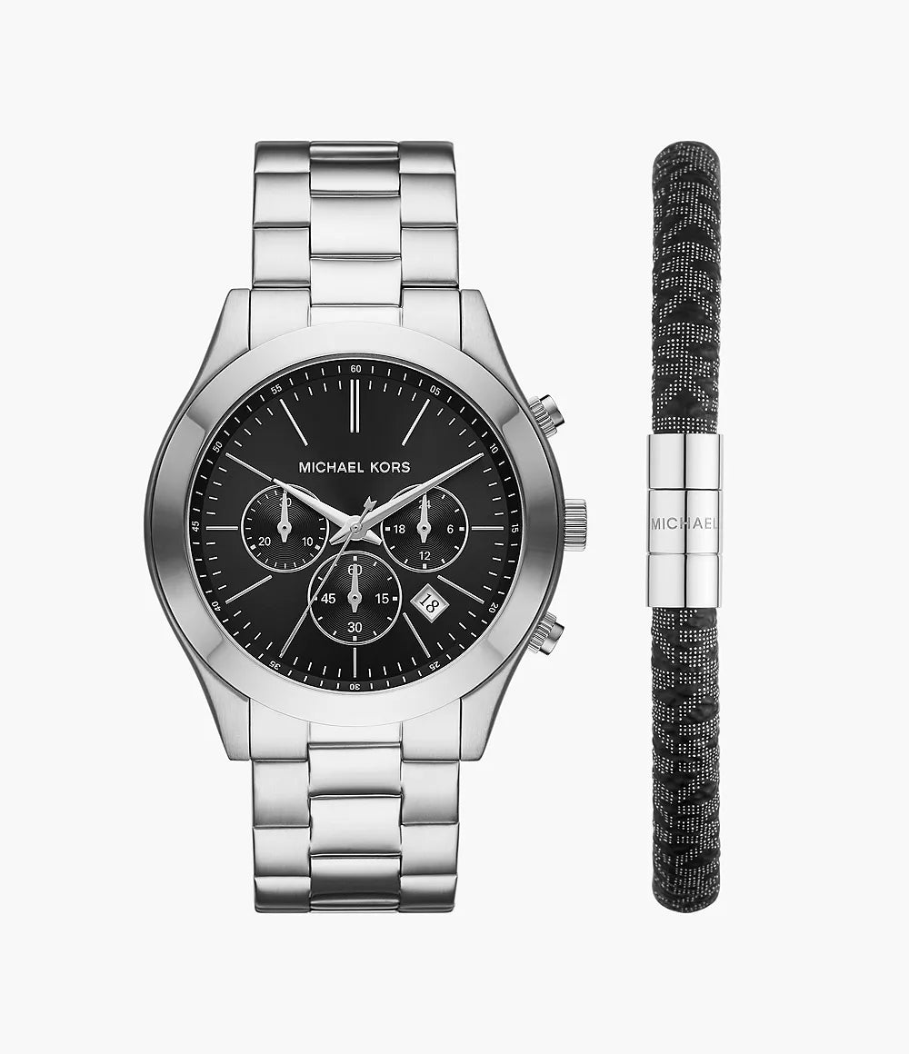 MK1056SET Michael Kors Slim Runway Chronograph Stainless Steel Watch and PVC Bracelet Set