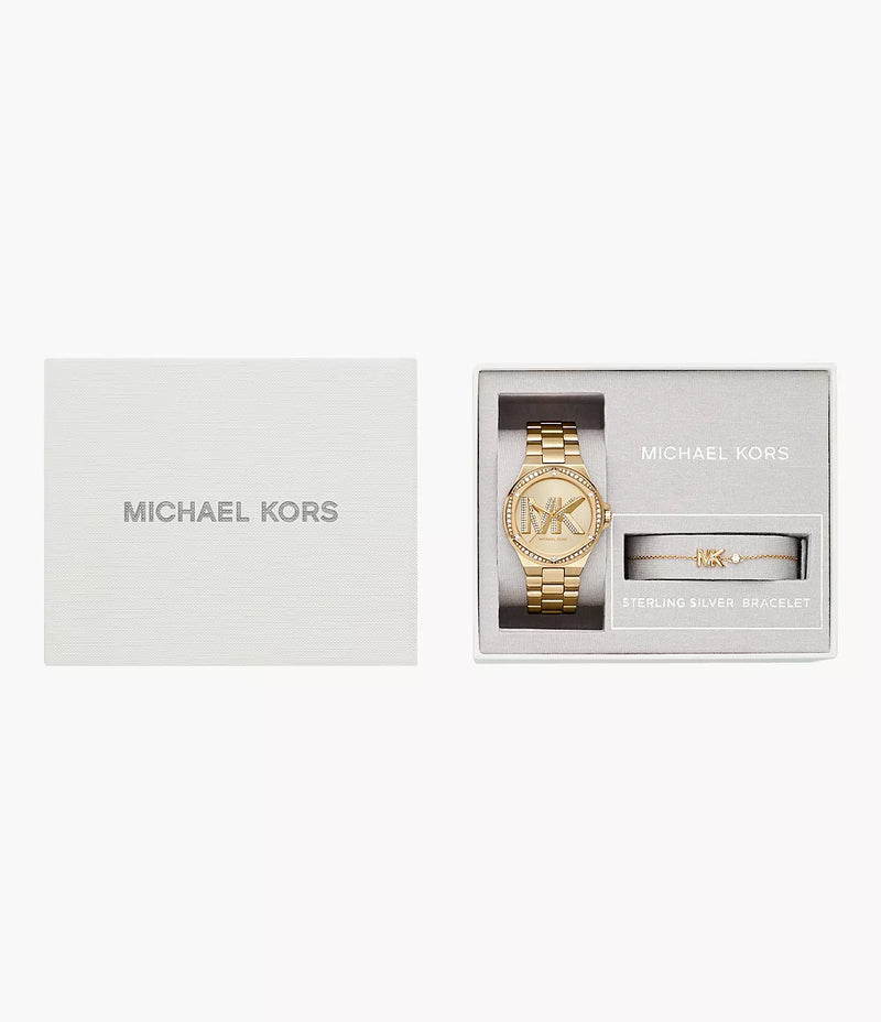 MK1062SET Michael Kors Lennox Three-Hand Gold-Tone Stainless Steel Watch and Sterling Silver Bracelet Set