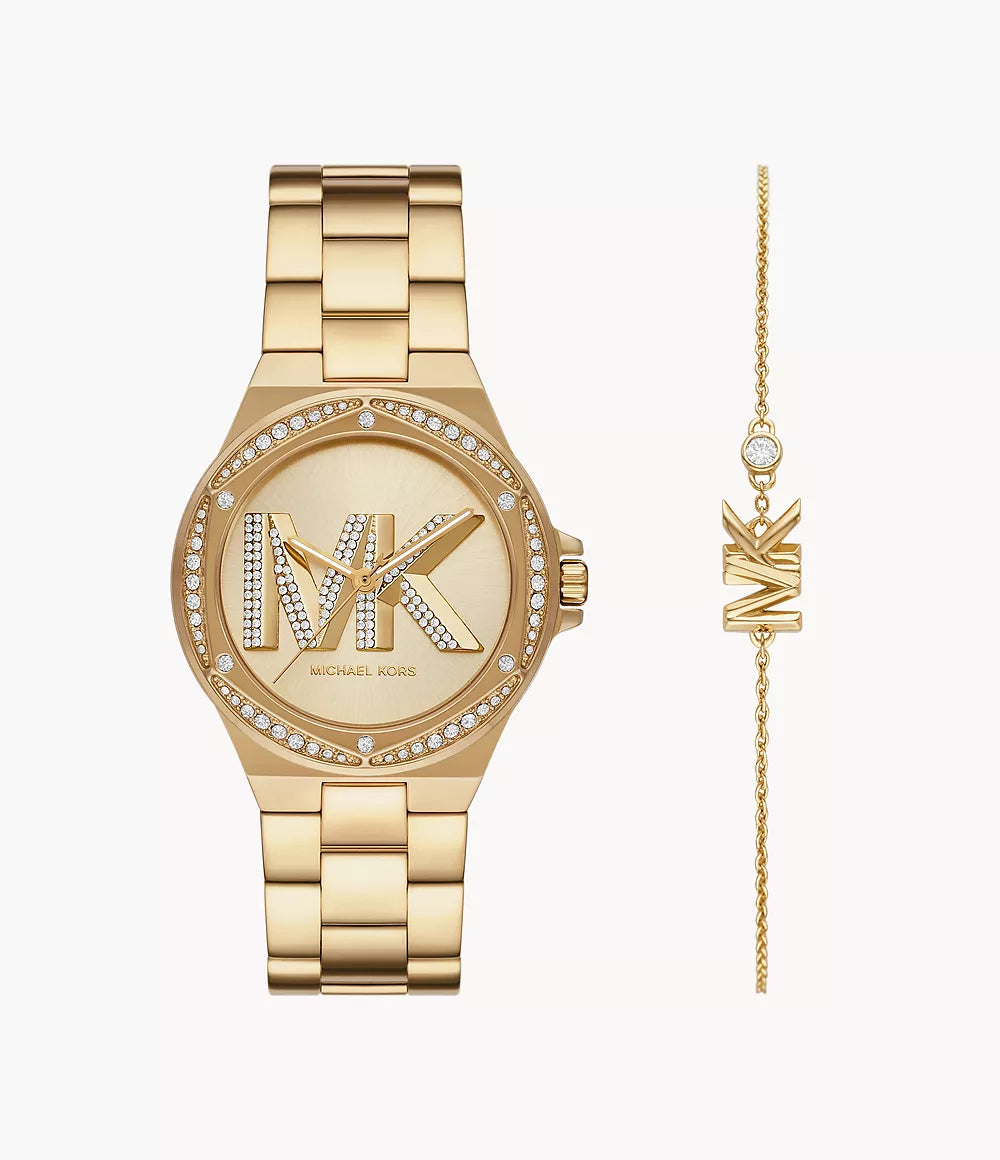 MK1062SET Michael Kors Lennox Three-Hand Gold-Tone Stainless Steel Watch and Sterling Silver Bracelet Set