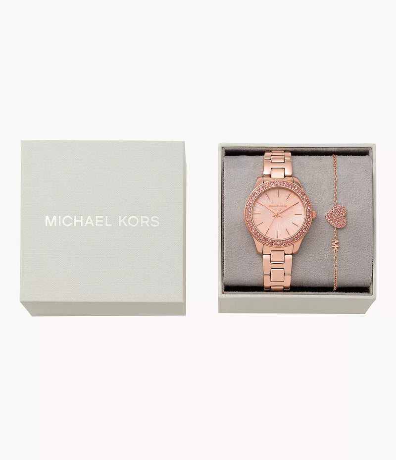 MK1068SET Michael Kors Liliane Three-Hand Rose Gold-Tone Stainless Steel Watch and Stainless Steel Bracelet Set