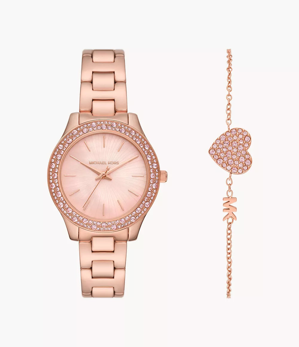 MK1068SET Michael Kors Liliane Three-Hand Rose Gold-Tone Stainless Steel Watch and Stainless Steel Bracelet Set