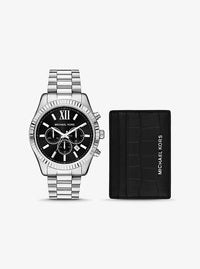 Oversized Lexington Silver-Tone Watch and Crocodile-Embossed Leather Card Case Gift Set MK1091SET
