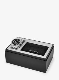 Oversized Lexington Silver-Tone Watch and Crocodile-Embossed Leather Card Case Gift Set MK1091SET