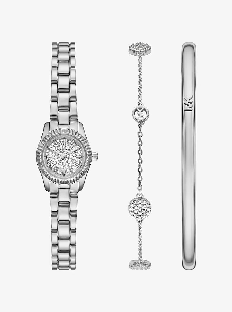 Petite Lexington Pavé Silver-Tone Watch and Jewelry Gift Set MK4948SET