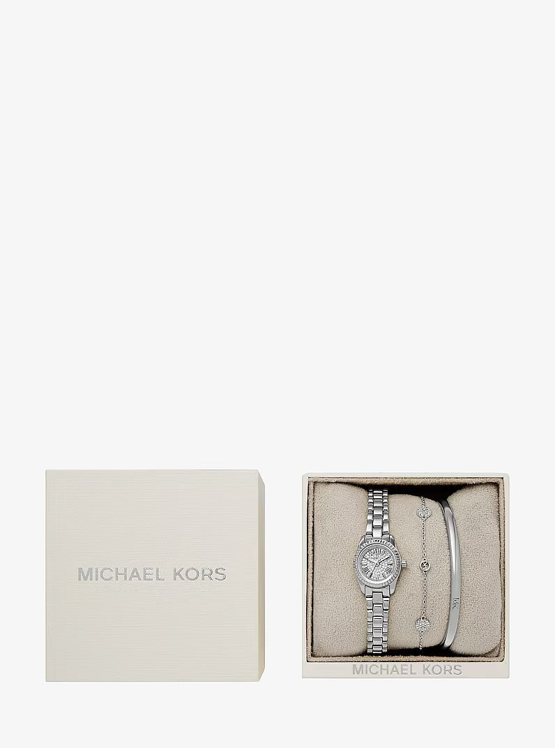 Petite Lexington Pavé Silver-Tone Watch and Jewelry Gift Set MK4948SET