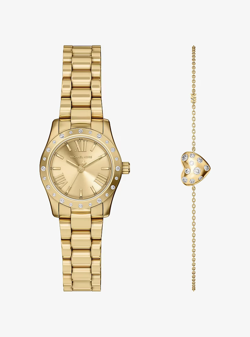 Petite Lexington Pavé Gold Watch and Heart Bracelet Gift Set MK4992SET