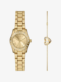 Petite Lexington Pavé Gold Watch and Heart Bracelet Gift Set MK4992SET