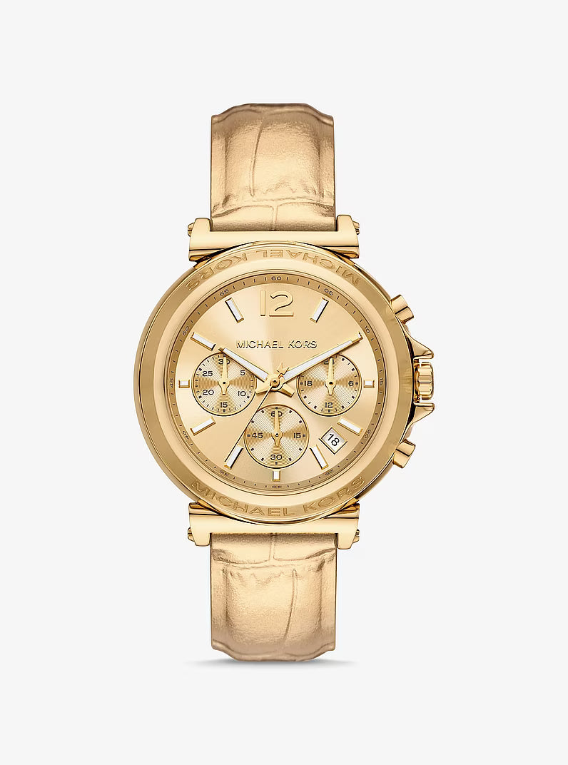 Oversized Maren Gold-Tone and Metallic Crocodile Embossed Leather Watch MK7508