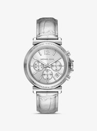 Maren Silver-Tone and Crocodile Embossed Leather Watch MK7509