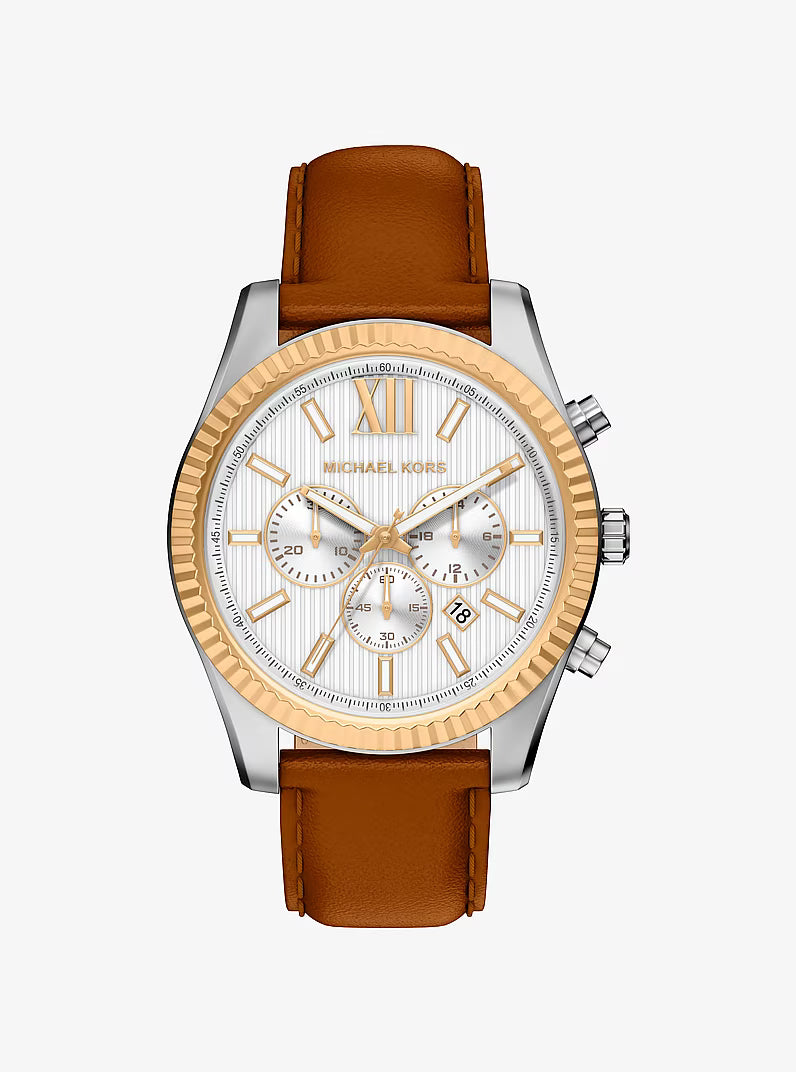 Oversized Lexington Two-Tone and Leather Watch MK9257