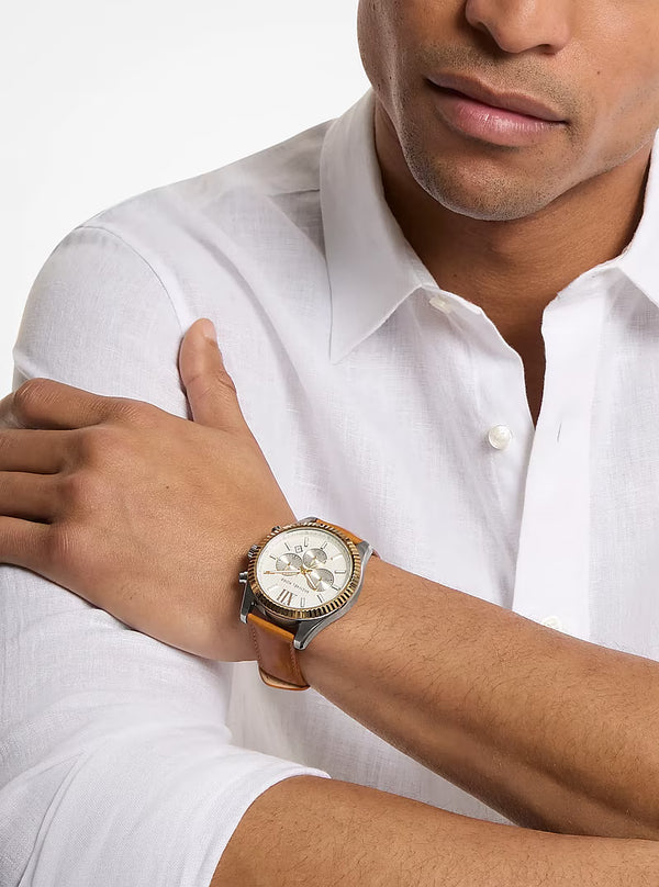 Oversized Lexington Two-Tone and Leather Watch MK9257