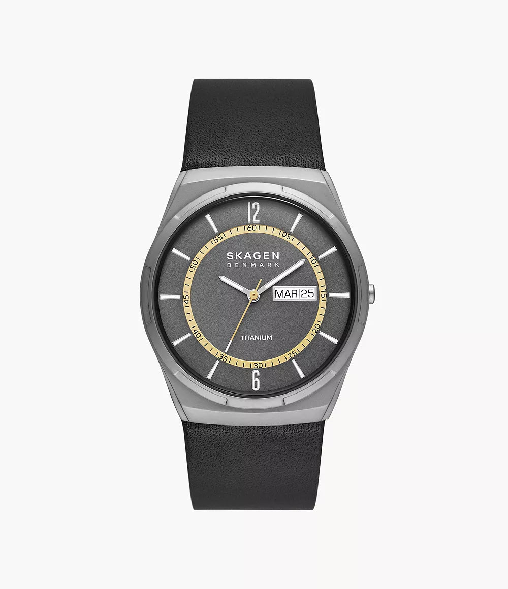 Skagen MELBYE TITANIUM Three-hand Day-Date Black Leather Watch SKW6907