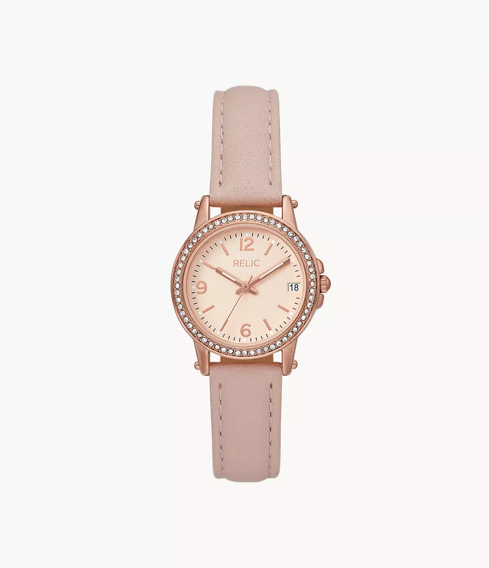 Relic by Fossil Matilda Three-Hand Date Rose Gold-Tone Glitz Metal & Blush Leather Watch ZR34647